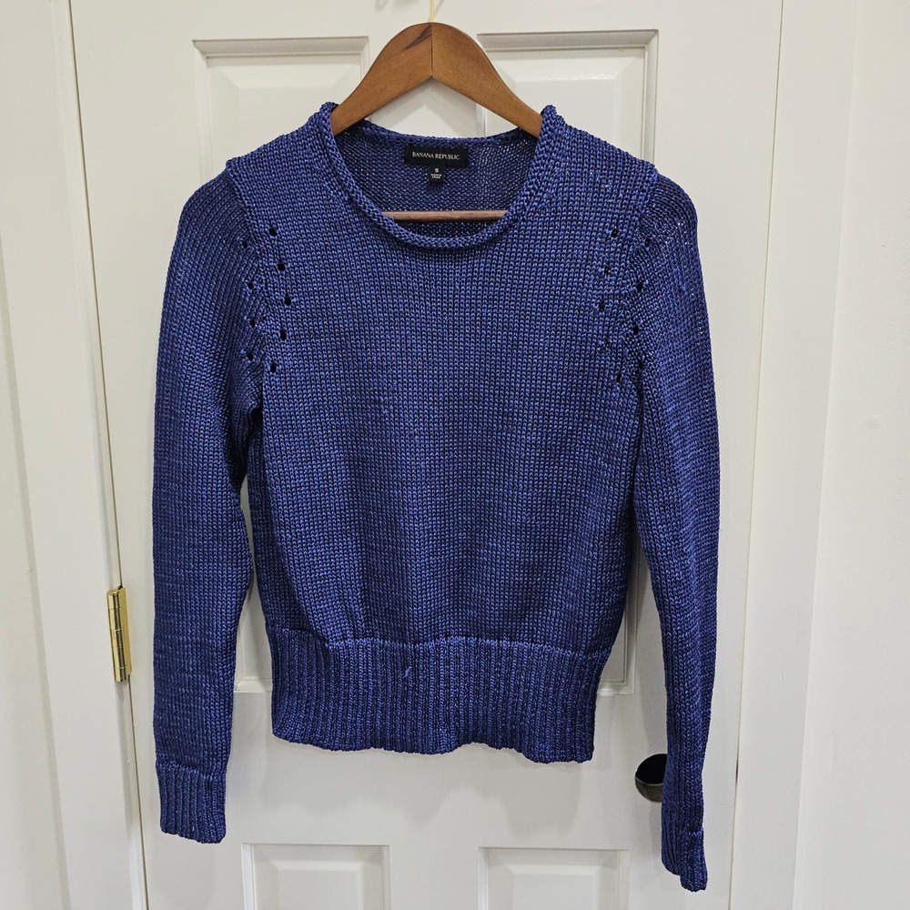 Banana Republic Women Royal Blue Open Knit Pointelle Crew Neck Sweater Small